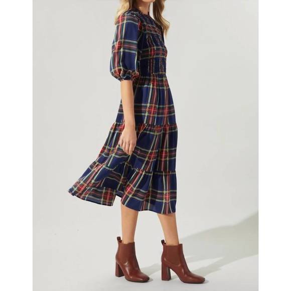NEW SUGARLIPS plaid smocked midi dress in lakeview - Picture 3 of 4